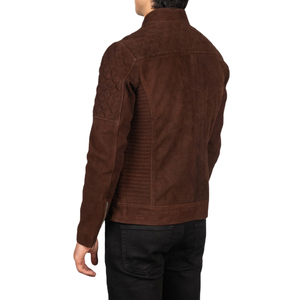 Chaqueta de Motociclista para Hombre, de Gamuza Marrón, Cuello Alto, Cierre de Cremallera, Corte Ajustado - Product Image 2