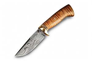 Cuchillo de campo utilitario de hoja fija de acero de Damasco hecho a mano con mango de madera de arce rizado y guardacuchillo de latón - Product Image 4