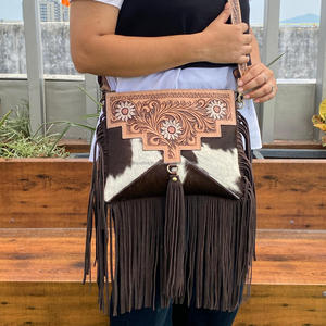 Nueva moda de alta calidad, bolso cruzado con flecos de cuero de vaca genuino y bolso de mano, conjunto combinado de 2 piezas para mujer - Product Image 5