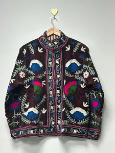 Woman Brown Velvet Suzani <b>Jacket</b> Multicolor Floral Embroidery Stand Collar Bohemian <b>Vintage</b> <b>Women</b> Outerwear - Product Image 1