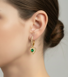 14KT <b>Gold</b> Lab Emerald & Lab Pave Diamonds Fine Jewelry Heart Stud <b>Earrings</b> for Engagement Wedding & Anniversary Gifts - Product Image 4