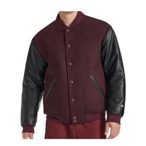 Veste bomber varsity en laine bordeaux avec manches en simili cuir noir, broderie chenille personnalisée - Product Image 1