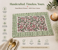 Ensemble de sets de table imprimés à la main motif floral, 100 % coton, lavables, décoration de salle à manger, chef-d'œuvre artisanal, ensemble de linge de cuisine