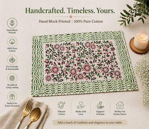 Floral Hand Block Print Table Mat Set 100% Cotton Placemats Washable Dining Decor Handmade Masterpiece Kitchen Linen Set - Product Image 3