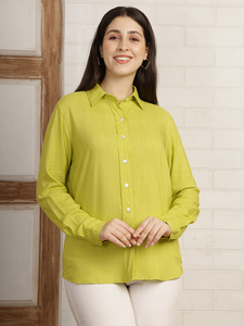 <b>Women's</b> Lime Green <b>Linen</b> Button Down Shirt Full Sleeve Turn-down Collar Casual Regular Fit Spring Summer Solid Color Woven <b>Top</b> - Product Image 3