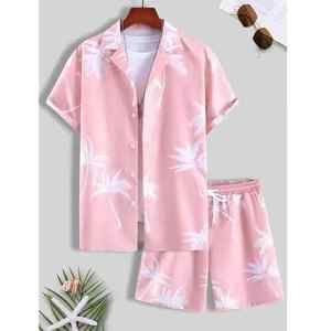 เสื้อเชิ้ตแขนสั้นพิมพ์ลายต้นปาล์มสีดำสำหรับผู้ชายและกางเกงขาสั้นเอวยางยืดชุดน้ำหนักเบาระบายอากาศได้ดีสวมใส่สบายในฤดูร้อน - Product Image 2