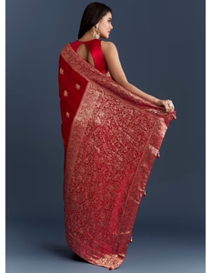 KV <b>Red</b> Satin Woven With Zari Work Saree With Unstitched <b>Blouse</b> - Product Image 3