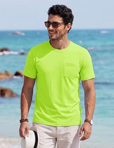 Men's <b>Lime</b> <b>Green</b> Cotton T-<b>Shirt</b> Short Sleeve O-Neck Pocket Casual Jersey Knitted Solid Color Tee - Product Image 2