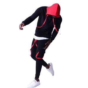 Survêtement imprimé respirant à capuche pour homme, noir et rouge contrastant, manches longues, coupe classique, streetwear, tenue d'automne, fermeture à cordon - Product Image 3