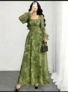 Woman's Floral Maxi <b>Dress</b> Full Sleeves <b>Dress</b> Square Neck A Line Long <b>Dress</b> for Party Holiday - Product Image 4