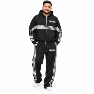Ensemble survêtement unisexe surdimensionné à rayures avec sweat à capuche zippé et pantalon de jogging orné de strass, style streetwear, marque privée, vente en gros - Product Image 1
