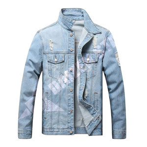 Men's <b>Light</b> Blue Denim Jacket Regular Fit Distressed Ripped Solid Button Closure Casual Style Winter 100% Cotton Windproof - Product Image 1