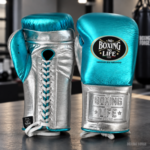 No Boxing No Life Leather Boxing <b>Gloves</b> Teal <b>Silver</b> Lace-Up Breathable Top-quality Training <b>Gloves</b> for Adults Made in Pakistan - Product Image 3