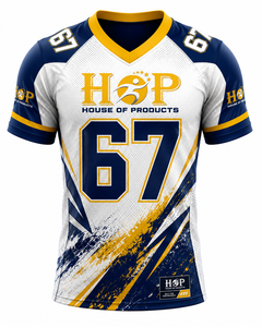 Men's V-Neck American Football Jersey Sublimated Print Moisture Wicking White Blue Regular Fit Custom Team Uniform - Product Image 1