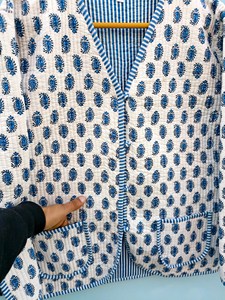 Vintage Style Quilted Jacket Blue Hand Block Print Kimono Coat Blue Floral Quilted Jacket Lightweight Cotton <b>Layer</b> - Product Image 2