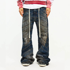 Men's Stonewashed Wide Leg <b>Jeans</b> Drawstring <b>Elastic</b> Waist Street Style Denim Pants - Product Image 4