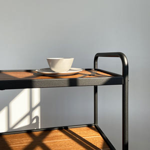 <b>Black</b> Metal Bar Cart with Wooden Tray for Kitchen and Dining - Product Image 2