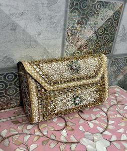 Plated Gold Embroidered <b>Clutch</b> <b>Bag</b> <b>Green</b> Beads Kundan Stones Antique Imitation Ethnic Gifts <b>for</b> <b>Weddings</b> Parties Uttar Pradesh - Product Image 2