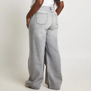 Pantalon décontracté en coton grande taille de haute qualité pour femme, jean taille haute délavé coupe ample jambe large, longueur intégrale, idéal pour l'été - Product Image 2