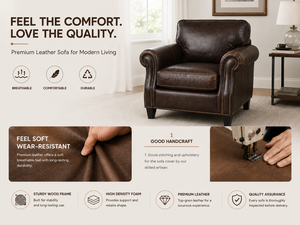 Sillón de Cuero Genuino Clásico con Brazos Enrollados y Remaches Decorativos, Sofá Individual Cómodo para Sala de Estar o Dormitorio - Product Image 4