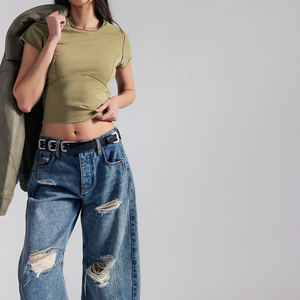 New Trendy Women Olive Green Cap Sleeve Crop Top Knitted Spandex Cotton Slim Fit Casual <b>Spring</b> Summer O-Neck Exposed Seam TShirt - Product Image 3