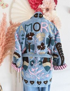 Boho Embroidery Denim Kimono <b>Cardigan</b> Long Sleeve Loose Fit Floral Pattern Hand Embroidered Casual Wear Spring Style - Product Image 4