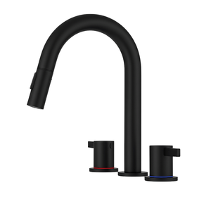 Robinet de lavabo noir mat de 8 pouces à double poignée, design 3 trous, avec douchette extractible à 360 degrés et siphon escamotable - Product Image 2