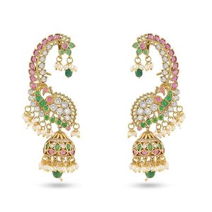 Pendientes de Lujo con Baño de Oro y Certificación Kundan, Estilo Jhumka, para Mujer, Joyería Nupcial India, con Perlas de Pavo Real, Estilo Étnico - Product Image 3