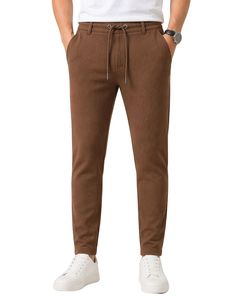 Men Chocolate Brown Slim Fit Casual Jogger Pants Elastic Waist <b>Drawstring</b> <b>Trousers</b> Soft Fabric Comfortable Daily Wear Stylish - Product Image 1