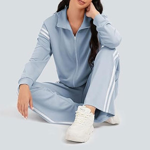 Conjunto de 2 piezas para mujer: Sudadera con cremallera y pantalones de chándal de pierna ancha con rayas en contraste, ideal para viajar - Product Image 6