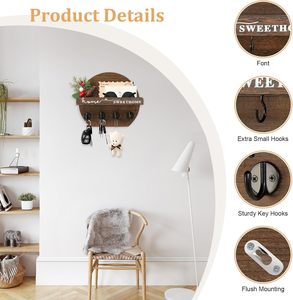 Porte-clés mural avec étagère à fleurs et crochets pour clés, organisateur de courrier, support mural en bois rustique rond - Product Image 3