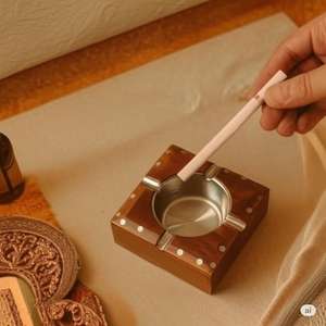 Handcrafted Acacia Wood <b>Ashtray</b> with Steel Inlay | Wooden Table Decor | Handmade Indian Craft for Home or Office By NS Overseas - Product Image 3