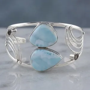 Bracelet manchette en argent sterling 925 avec larimar bleu naturel, motif volute orné, fait main, style statement - Product Image 3