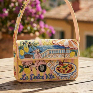 Bolso de Hombro Artesanal de Lona con Bordado de Cuentas y Lentejuelas, Cierre de Cremallera, Diseño de Castillo de Arena, Logotipo Personalizado, Estilo Costero de Verano - Product Image 1