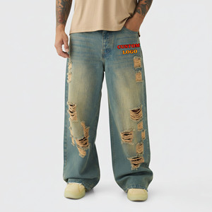 Jeans de mezclilla para hombre, estilo vintage, lavado, apilados, de pierna ancha, holgados, desgastados, estilo streetwear y hip hop, fabricados por OEM. - Product Image 4