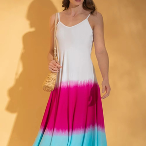 Tie-Dye Dip-Hem V-neck <b>Elastic</b> Back Bohemian Flared Hem Maxi <b>Dress</b> Spaghetti Strap Sleeves Natural Eco-Friendly Breathable - Product Image 5
