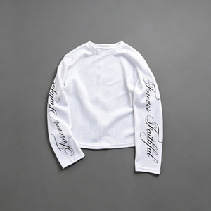 T-shirt à manches longues en fibre de bambou 100% style Ins, imprimé sur le col, style gaufré, rétro, tendance, polyvalent, mode urbaine, décontracté - Product Image 4