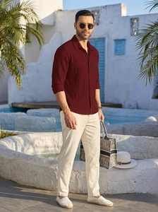 Chemises décontractées pour hommes à boutons, chemise en lin à manches longues, chemise de plage texturée tendance pour l'été - Product Image 3