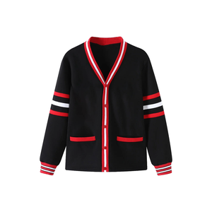 Cardigan unisexe décontracté en chenille noire à col en V, en laine/cachemire, avec lettres grecques brodées, bordure côtelée et confortable - Product Image 3