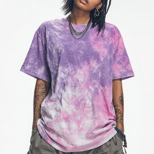 Camiseta Morada de Verano para Mujer, Estilo Urbano, Holgada, con Estampado Tie-Dye, Transpirable, de Algodón, Cuello Redondo, Hombros Caídos y Manga Media - Product Image 6