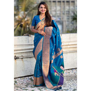 Sari en soie Paithani tissé Zari bleu Elite Weaves, spécial Gudi Padwa, pour les festivals indiens et pakistanais - Product Image 4