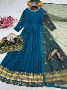 Anarkali Salwar Kameez indien tendance, simple et naturel, pour femme, en tissu résille long et lourd, brodé avec des pierres, idéal pour les mariages et les fêtes. - Product Image 3