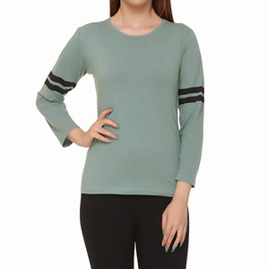 Camiseta de Punto para Mujer, Cuello Redondo, Manga Tres Cuartos, Color Sólido, Corte Regular, Detalle de Rayas, para Todas las Temporadas, Venta al Por Mayor - Product Image 1