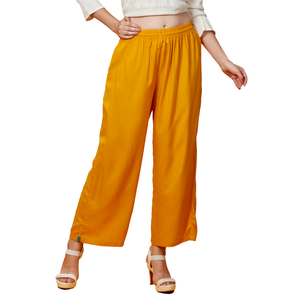 Pantalon palazzo jaune moutarde pour femme, taille élastique, jambe large, décontracté, confortable, pantalon d'été - Product Image 4