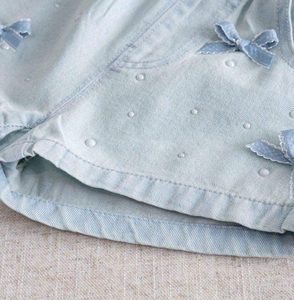 Shorts Bermuda en coton bleu clair pour filles avec poches à nœud, taille haute élastique, pantalon décontracté d'été - Product Image 5