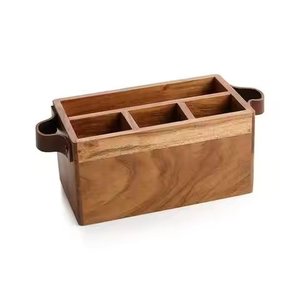 New Arrival 4 Compartment With Metal Handle Natural Wooden <b>Caddy</b> for Restaurant Dining <b>Table</b> Top Cutlery Organizer - Product Image 3