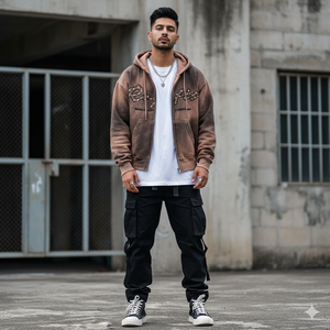 Sweat-shirts à capuche zippés streetwear, coupe épaules tombantes, délavés à l'acide, avec logo sérigraphié, qualité supérieure, prix abordables, répondant aux exigences les plus exigeantes des clients. - Product Image 2