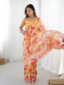India Pakistan Style Regular Length Regular Fit <b>Orange</b> Chinon <b>Saree</b> with Mirror Work Women Traditional Party Wedding Wear - Product Image 2