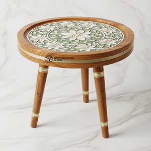 Red Meena Wooden <b>Stool</b> Handcrafted <b>Round</b> Industrial Decorative Accent <b>Stool</b> with Hand Painted Design for Bedroom Entry - Product Image 1