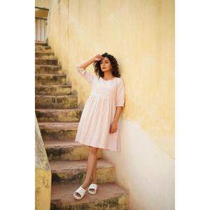 Robe midi en coton et lin pour femmes, col rond, manches 3/4, coupe ample, robe d'été décontractée - Product Image 4